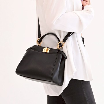 FENDI 8BN244 Peekaboo NAPPA皮革轉扣雙層迷你兩用包.黑