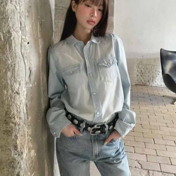 正韓女上衣 貓刷西部牛仔長袖襯衫FOM1123-創翊韓都