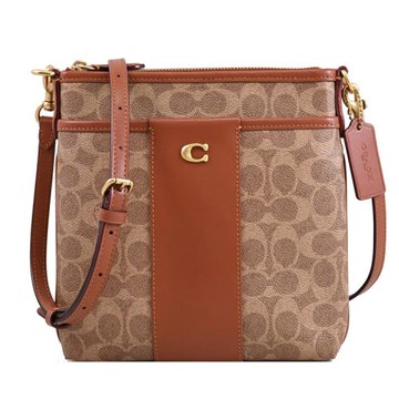 COACH CC533 Kitt 金屬C LOGO滿版花紋拼接斜背包.駝/紅棕