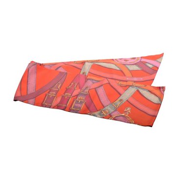 HERMES  經典Max twilly系列馬具皮帶圖騰真絲領巾(橘紅色)