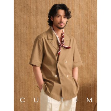【天然棉麻混紡】CULTUM復古老錢風雙排短袖襯衫男休閑平駁領半袖