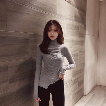 堆堆領性感打底衫女洋氣秋冬不規則緊身上衣高領內搭長袖t恤1入