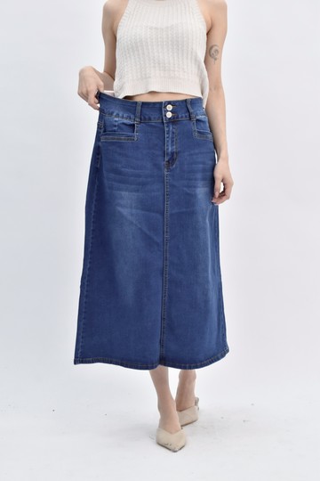 (M) diamond丹寧牛仔棉質後開衩藍色長裙