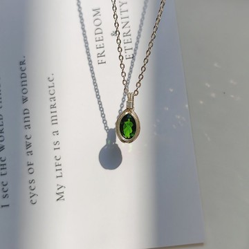 俄羅斯透輝石吊墜 切面鉻透輝石項鏈 純銀手工鑲嵌天然石項鍊