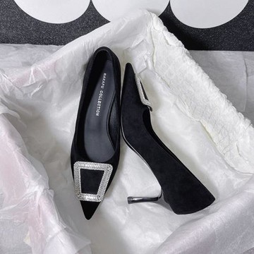 法式輕奢黑色高跟鞋女細跟設計感小眾不累腳舒適水鉆方扣職業單鞋