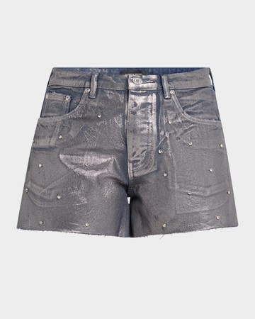 Foiled Denim Cut-Off Shorts with Rhinestones