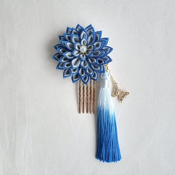 綴織花蝶髮飾 附流蘇 藍色