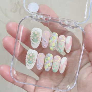 <台灣>指尖生花溫柔春日氛圍感美甲短款油畫郁金香手繪顯白美甲貼片可拆卸
