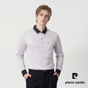pierre cardin 皮爾卡登 休閒服飾 男款 典雅撞色領口長袖POLO衫-粉白色(5255262-75)