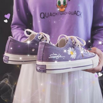 小雛菊低幫帆布鞋女子2025大碼秋潮菊花34板鞋厚底紫色新款41半拖