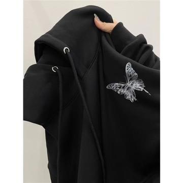 美式復古蝴蝶印花黑色連帽衛衣女春秋oversize寬松慵懶薄款外套潮