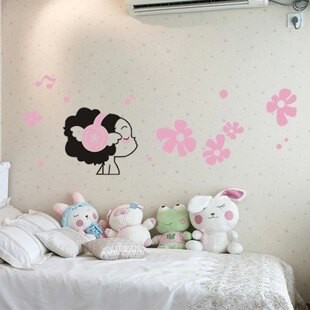 聽歌娃娃女孩墻貼 卡通音樂女孩臥室床頭兒童房背景墻貼紙 創意貼1入