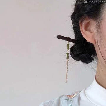 新款熱賣🔥【韻綠】可盤發黑檀木髮簪漢服簪子竹節天然石髮飾頭飾旗袍茶耳飾/熱賣/免運
