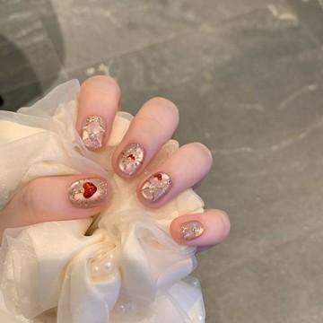 優美甲片 【桃粉心動】甜妹粉金貓眼穿戴甲紅桃心鉆金縷碎紋手工短款穿戴甲
