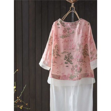 夏季國風苧麻刺繡花上衣小衫女2024新款薄款圓領撞色套頭衫