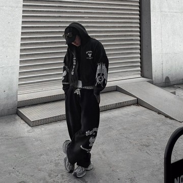 【APPAREL】美式復古鷹圖印花刷毛連帽外套休閒寬褲套裝｜重磅落肩拉鍊帽T Y2K 街頭風