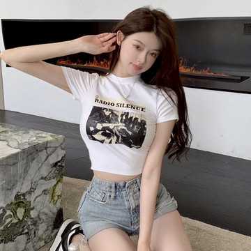 美式復古印花短袖T恤女夏新款純欲辣妹性感高腰短款露臍上衣