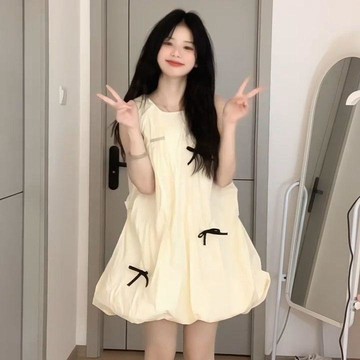 台灣出貨 蝴蝶結初戀仙氣溫柔風藍色連衣裙夏季小個子寬鬆顯瘦花苞短裙女 連衣裙女 夏天洋裝 小個子連身裙 短洋裝
