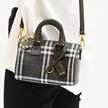 BURBERRY 格紋印花皮革迷你兩用/保齡球/波士頓包(深綠 附鎖組)