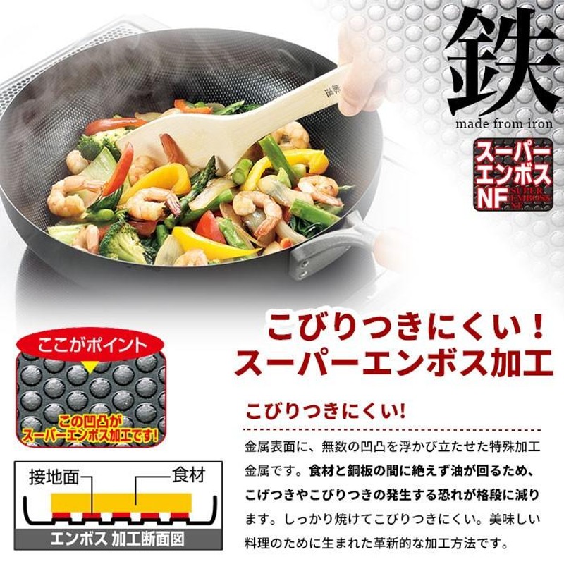 炒め鍋 28cm 鉄 フライパン 深型/玉子焼き器/竹べら付き なべ 鍋 ih