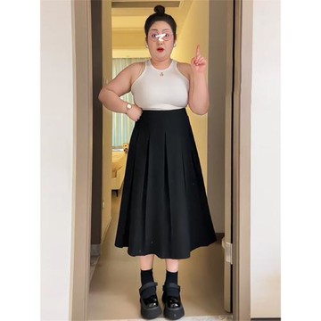 A字半身裙女中長款秋季高腰百褶裙大碼微胖mm顯瘦傘裙小個子裙子