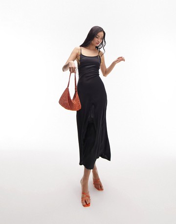 Topshop maxi dress with beaded fringing detail in black