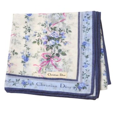 Christian DIOR  藍調花藤緞帶品牌字母LOGO圖騰帕領巾(米白系/灰藍邊/48CM)