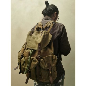 二戰頭盔包帆布背包真皮休閑旅行包書包復古背包男士雙肩包后背包