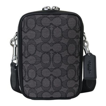 COACH 滿版緹花LOGO織布直式斜背包(黑灰)小款