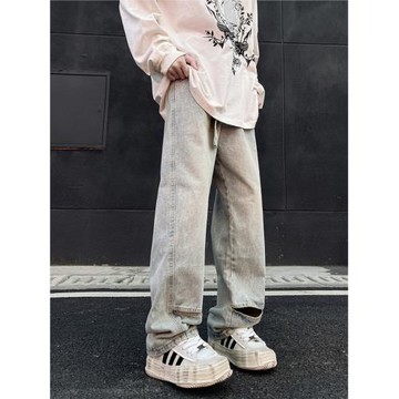 淺藍色牛仔褲男春秋高街vibe褲子開口設計感小眾寬松直筒闊腿長褲