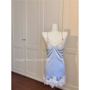 純欲秋冬性感蕾絲甜美睡衣加胸墊緞面吊帶睡裙中長款家居服套裝女