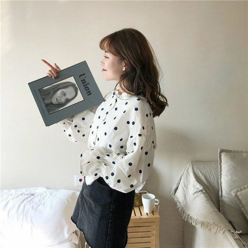 ブラウス レディース トップス シャツ 長袖 ドット　フリル襟 レトロ　袖キャザーフレア　ゆったり ブラウス　春夏　学生服 森ガール ブラウス レディース トップス シャツ 長袖 ドット フリル襟