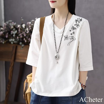 【ACheter】V領七分袖露鎖骨顯瘦寬鬆大碼文藝棉印花T恤短版上衣# 122202(現貨+預購)