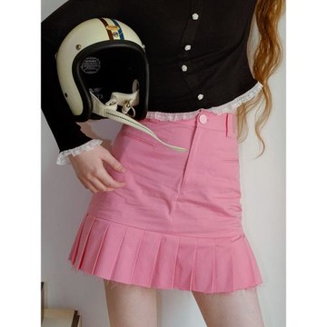 ISISLOVE復古粉色小香風百褶裙工裝裙a字半身裙女小個子包臀裙子