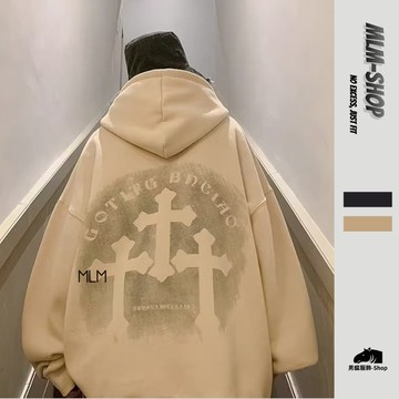 【超絕質感！臺灣出貨】做舊十字架印花連帽大學T 男 寬鬆版型 柔軟親膚面料 日常休閒百搭上衣 暗黑高街穿搭款【MLM】