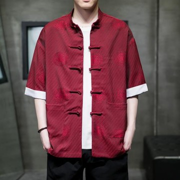 冰絲襯衫短袖男夏季中國風復古盤扣唐裝中式改良漢服薄款寬松襯衣