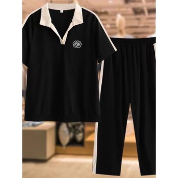 300斤胖媽媽洋氣套裝時尚運動風polo領上衣七分褲子減齡媽媽夏裝