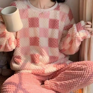 睡衣 圓領加絨加厚保暖睡衣 可愛格子睡衣  可外穿 家居服  寬鬆睡衣 卡通睡衣 性感睡衣 長袖長褲 兩件套 睡衣套裝