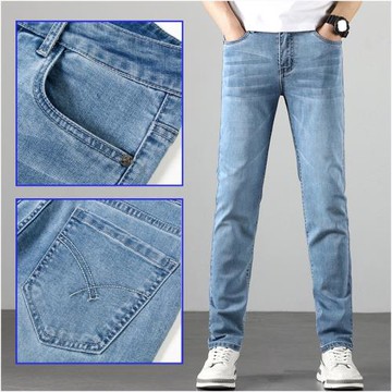 秋冬淺藍色男士中國風直筒寬松牛仔褲修身彈力青年潮牌厚款長褲子