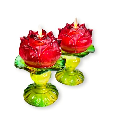 【新韻傳音】圓滿蓮花燈搭配大琉璃底座(一對) ｜電池葉片款｜蓮花蠟燭燈  拜拜供神 祈福 電子蠟燭 神明桌 D382B