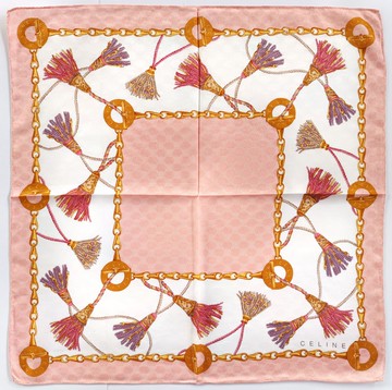 Celine 古董絲巾 緹花織紋 獎章與流蘇 22.5 x 22.5 英吋
