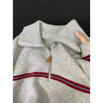 polo領半拉鏈條紋毛衣女秋冬季新款慵懶風寬松針織衫套頭打底衛衣