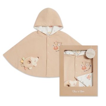 奇哥 有機棉小熊雙面穿披風/2件組禮盒 2-3歲(披風+手搖鈴 嬰兒禮盒 彌月禮盒 新生兒禮盒)