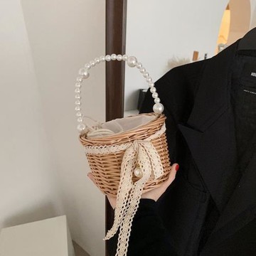 ins迷你手工藤編包夏季蕾絲蝴蝶結兒童珍珠手提采摘菜籃子草編包