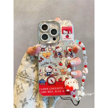 適用iPhone16ProMax手機殼蘋果15pro日韓ins可愛卡通KT貓13閃粉鏡頭全包14女款14pm帶掛繩12錫紙漸變11保護套