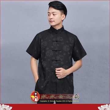 中國風男裝短袖唐裝上衣 優質純色復古綢緞一字扣中式男裝 中山裝漢服男青年時尚必備襯衫-吉祥雙龍(黑色)-水水女人國