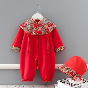 中國風拜年紅色新年服女嬰兒連體衣服秋冬寶寶滿月百天周歲抓周服