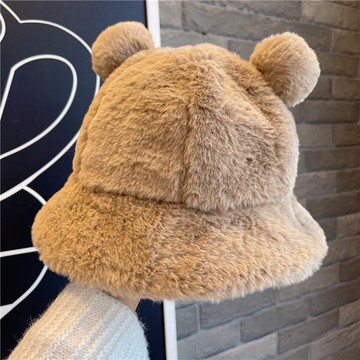 日系可愛小熊耳朵獺兔毛絨保暖帽女冬季百搭學生加厚漁夫毛球盆帽