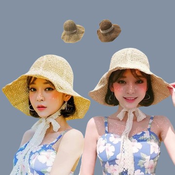 現貨-韓版草帽女夏小清新韓日系蕾絲綁帶蝴蝶結漁夫帽大簷可折疊防曬遮陽帽