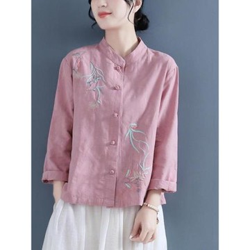中國風刺繡棉麻襯衫女春秋2026復古盤扣長袖立領茶服寬松亞麻上衣